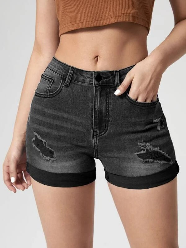 Women's Fashion Holes Curling High Elastic High Waist Denim Shorts - Chic Angle